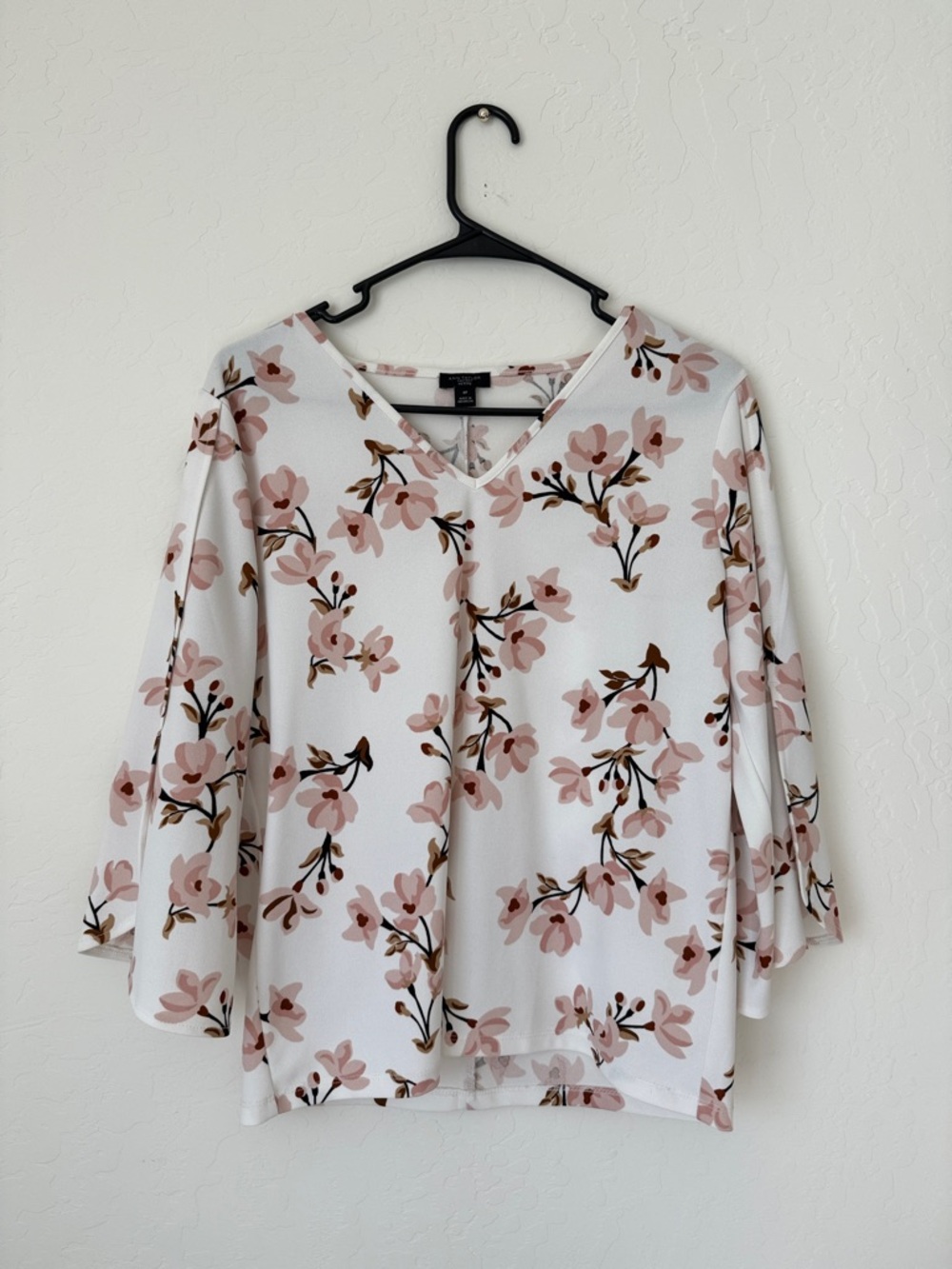 Ann Taylor White Blouse with Blush Floral Print